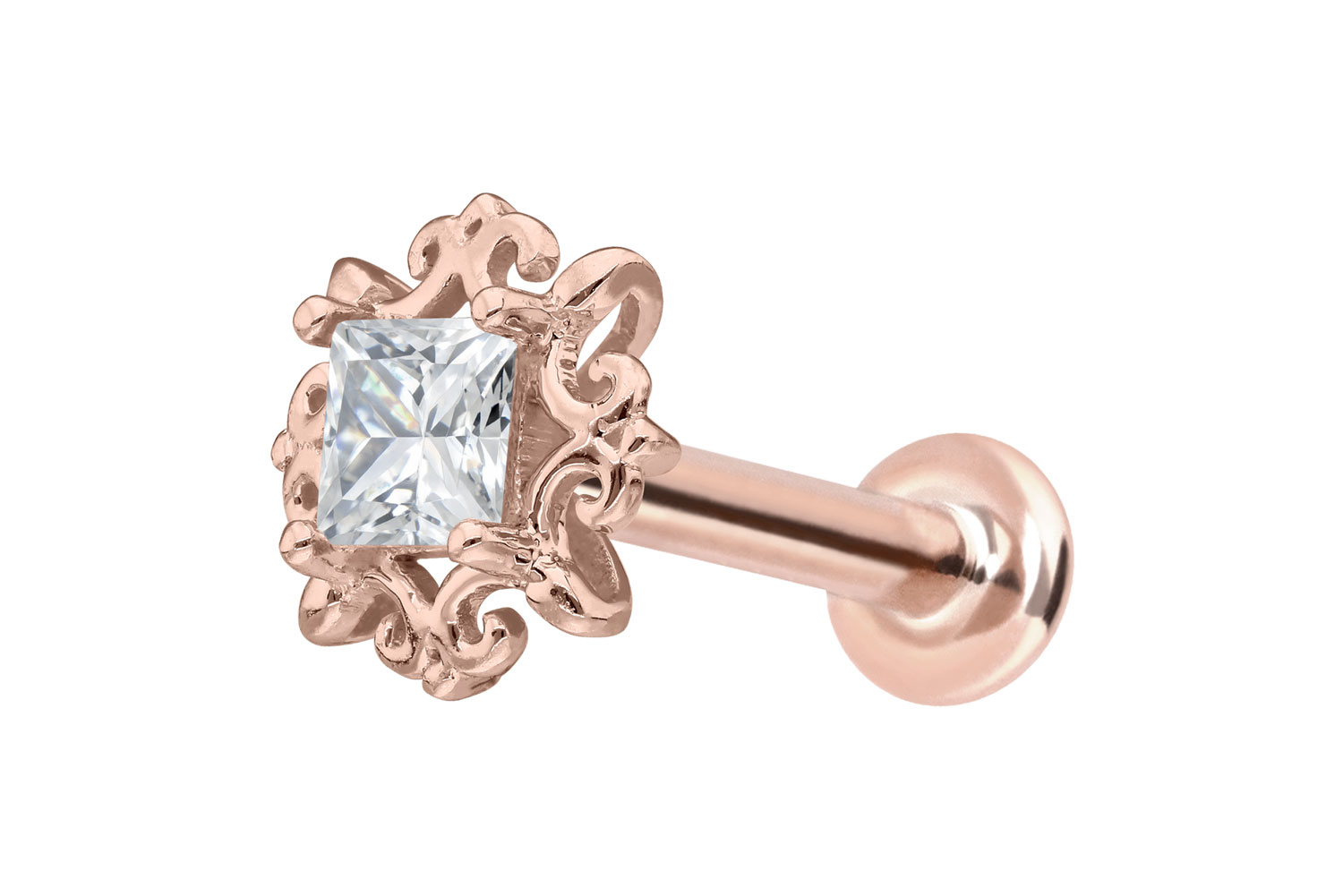14 Karat Gold Labret Piercing mit Push Fit MOISSANIT-QUADRAT + ORNAMENTE